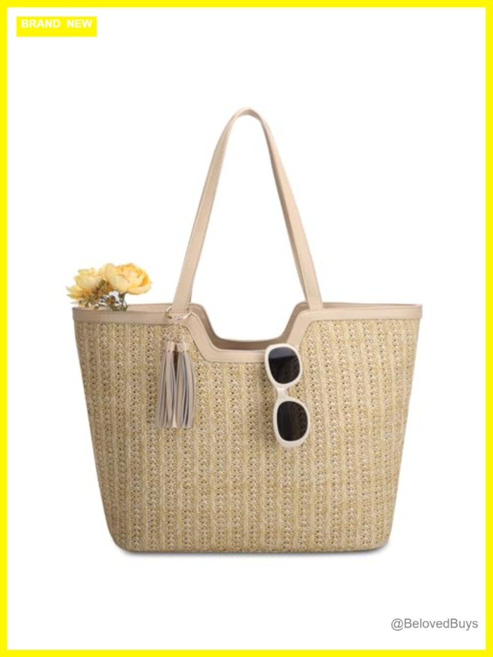Woven Crochet Raffia Straw Beach Tote Bag with Tassel Accents